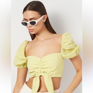 Zara Yellow & White Gingham Puff Sleeve Crop Top Front Tie Size Extra Small